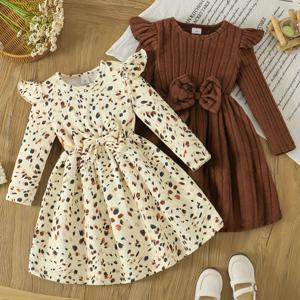 TEMU 2개 여아 가을 겨울 패션 드레스, 퍼프 소매 및 리본 장식, 단색 세로 플리스 및 프린트 패턴, 귀여운 캐주얼 야외복 | 선물 |, 야외 활동에 적합