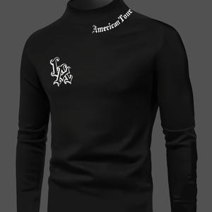 TEMU 슬림핏 하이넥 긴팔 티셔츠 - 청소년용 기하학 패턴 스트레치 캐주얼 탑, 가을 따뜻함, 흰색에 검은 글자, 레귤러 핏 캐주얼 의상용, 고등학교 소년 셔츠, 청소년용 긴팔 티셔츠, 청소년용