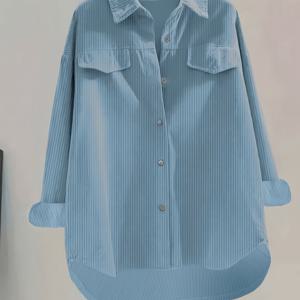 TEMU 여성용 연한 파란색 버튼 프론트 블라우스 - 클래식 칼라가 있는 루즈핏 긴팔 셔츠, 비침 방지 오피스 & 일상용 블라우스, 봄/가을 워드로브 필수품, 쉬운 관리 버튼업 탑, 캐주얼 웨어, 우아한 디자인, 고품질 스티칭, 세련된 상의, 직장복, 내구성 있는 소재, 버튼다운 탑, 전문 여성용