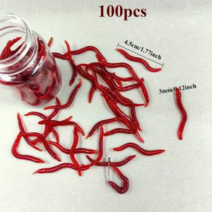 TEMU 100개입 1.77인치 지렁이 소프트 베이트 - 현실적인 빨간 지렁이와 마고트 디자인, 강력한 물고기 냄새, 병에 포장된 베이트. 바스, 캣피쉬, 잉어 같은 카니보어 물고기에게 적합 - 부유형 원통형 루어, 휴대용 보관