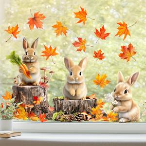TEMU 1개 유리 스티커, 러스틱 가을 토끼와 단풍잎 정전기 접착 데칼 - 홈 창문 장식용, 레스토랑 디스플레이 데코, 노동절, 추수감사절, 크리스마스 및 부활절에 어울리는 아늑한 시골 분위기 연출