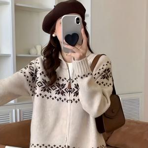 TEMU 여성 시크 레트로 컬러 블록 가디건 - 루즈핏 긴소매 스웨터, 기하학적 패턴, 브라운, 캐주얼 라펠 칼라, 올 시즌 레이어링, 가디건 스웨터, 다용도 패션, 클래식 디자인, 스타일리시 아우터, 패션 러버