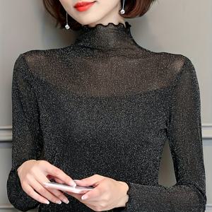 TEMU 플러스 사이즈 - 플러스 사이즈 - 플러스 사이즈 우아한 하이넥 레이스 탑, 러플 소매 - 스트레치 메쉬 블라우스, 긴 소매, 솔리드 컬러, 봄/여름/가을에 완벽한 다용도 레이어링 피스, 레이스 블라우스