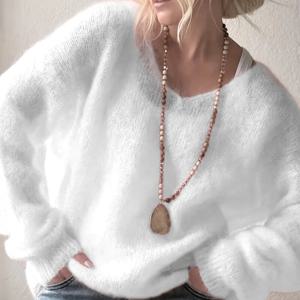 TEMU 여성용 긴팔 V넥 풀오버 스웨터, 부드럽고 루즈한 스타일, 캐주얼 탑