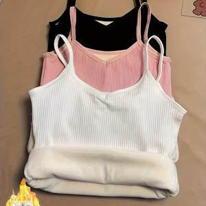 TEMU 3개 세트 겨울 탱크탑 - V넥 민소매 캐주얼 탑, 리브드 커프스, 단색 따뜻한 레이어링 필수품, 청소년 및 젊은 청소년용, 부드럽고 신축성 있는 원단, 캐주얼 의상용, 청소년용 겨울 탱크탑, 겨울 패션, V넥 디자인, 부드러운 원단, 두꺼운, 청소년용