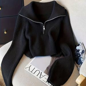 TEMU 여성용 우아한 하프 지퍼 가디건 - 부드럽고 신축성 있는 원단, 루즈핏 긴소매, 단색, 캐주얼 & 포멀 웨어, 가을/겨울 필수템, 캐주얼 시크 스타일, |우아한 가디건|신축성 있는 원단 가디건, 가디건 스웨터, 여름원피스, 우아한 여성의류, 여성 블라우스, 가을원피스, 원피스 가을 여성, 롱티