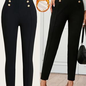 TEMU 여성용 보온 레깅스 - 버튼 클로저가 있는 두꺼운 겨울 바지, 차가운 날씨를 위한 신축성 있는 스키니 핏 트라우저, 미끄럼 방지 보온성, 네이비 색상//// - 캐주얼 및 포멀 의상, 사무실, 파티