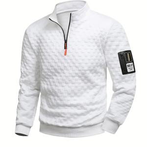 TEMU 남성용 블랙 & 화이트 체크 지퍼업 후드티 - 캐주얼 스포티 긴팔 풀오버, 스탠드 칼라, 봄 & 가을 레귤러 핏, 편안한 캐주얼 복장, 봄 가을 의류 | 체크 패턴 | 튼튼한 원단|스포츠