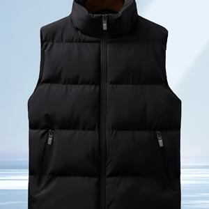 TEMU 남성용 슬림핏 스탠드 칼라 민소매 조끼 - 블랙 풀지퍼, 폴리에스터 보온 러닝 트레이닝 & 캐주얼 겨울웨어, 스탠드 칼라 디자인, 비대칭 밑단, 가을/겨울 따뜻함 (손세탁/드라이클리닝) - 짐 및 아웃도어 의류, 레이어링 웨어, 모던 스포츠, 통기성 원단, 라이트웨이트 패브릭, 운동복|짐웨어|헬스복