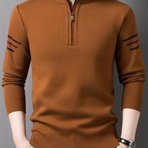 TEMU 남성용 긴팔 니트 스웨터 - 지퍼 프론트 클로저, 가을/겨울용 소프트 니트 풀오버 스웨터, 정장 & 캐주얼 착용 - 아빠, 남편, 남자친구를 위한 이상적인 선물 (블랙/오렌지 액센트) - 일상 및 특별한 날에 적합, 리브드 커프 디자인, 편안한 핏, 계절별 옷장, 스타일리시 니트웨어, 통기성 소재, 지퍼 탑, 남성 의류