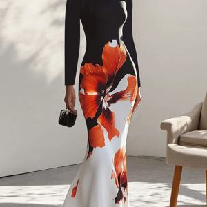 TEMU 여성용 우아한 블랙 포멀 파티 드레스 - 긴 소매 플레어드 헴, 슬림핏 웨딩 & 갈라용 이브닝 가운, 비즈니스 이벤트 - 가을 겨울 정장, 블랙 & 오렌지/화이트 꽃무늬 프린트, 고급스러운 스타일, 고품질 원단, 세련된 디자인, 패션 포워드 여성, 소재, 프로페셔널 웨어