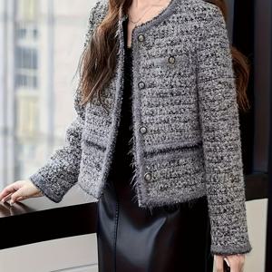 TEMU 여성용 프렌치 스타일 트위드 재킷 - 시크한 짧은 길이, 버튼업 프론트, 루즈핏, 사계절용 아우터웨어, 대조 트림, 캐주얼부터 포멀웨어까지, 캐주얼 웨어 재킷 | 시크한 짧은 재킷 | 버튼업 재킷, 여성용 울 코트, 트윌 반팔|반팔