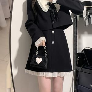 TEMU 우아한 프렌치 스타일 블랙 드레스 - 화이트 칼라 & 러플드 헴, 시크한 긴 소매 버튼업, 여성용 무릎 길이 봄/가을 패션 | 러플드 헴 드레스 | 세련된 스타일, 웨딩드레스, 트렌디한 의상