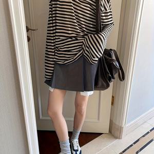 TEMU 여성용 빈티지 긴팔 티셔츠 - 캐주얼 루즈핏, 라운드 넥, 중간 신축성, 갈색 & 흰색 수직 줄무늬, 가을/겨울에 완벽, 다용도 레이어링 피스, 캐주얼 웨어 | 빈티지 스타일 | 중간 신축성 원단, YK 셔츠, 롱 슬리브 티셔츠 루즈핏, 여성용 블라우스, 아름다운 여성용 블라우스, 여성용 셔츠