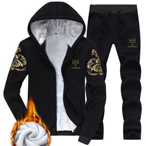 TEMU 남성 겨울 스포츠웨어 세트 - 풀 지퍼 후드 재킷 & 골드 액센트 조거 팬츠, 보온 단열 운동복 (헬스, 러닝용)
