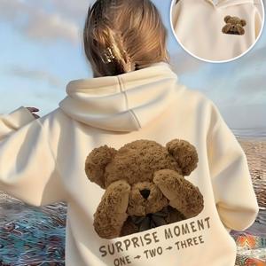 TEMU 여아용 귀여운 곰돌이 후드 스웨트셔츠 - 부드러운 파스텔 색상에 깜짝 놀라게 하는 문구, 루즈핏 긴소매 풀오버 후드티 (봄/가을용), 캐주얼 칼리지 스타일, 세탁기 사용 가능한 여아 의류, 봄 가을 의류, 장난기 넘치는 디자인, 편안한 소재