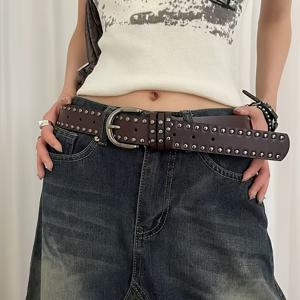 TEMU 여성용 빈티지 벨트 - 헤비듀티 메탈릭 리벳 장식, 청바지·드레스·옷에 어울리는 브라운 스트랩 - 스트리트웨어, 웨딩, 파티, 일상 벨트 - 세탁 불가 패션 액세서리, 레트로 스타일, 튼튼한 구조, 스터드 벨트, 고딕 벨트
