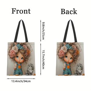TEMU 1개 매력적인 만화 & 고양이 파티 토트백 - 대용량 재사용 가능한 어깨가방, 꽃무늬 디자인, 내구성 있는 폴리에스터, 쇼핑, 책가방 또는 선물용 패셔너블 백팩, 혼합 색상, 귀여운 토트백, 장난기 있는 디자인, 튼튼한 손잡이, 문구류 액세서리, 사무실 토트백, 패션 핸드백, 다용도 백팩, 수공예 느낌, 안전 지퍼 클로저, 유치원 액세서리