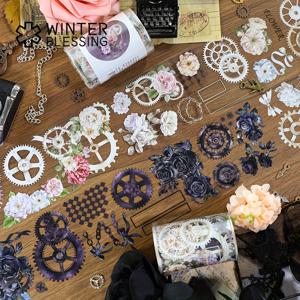 TEMU 2M 블랙 화이트 꽃 PET 와시 테이프 기어 다크 로즈 투명 롤 스티커 장식 접착 테이프 스크랩북 저널 미적 문구품 루프: 100Cm