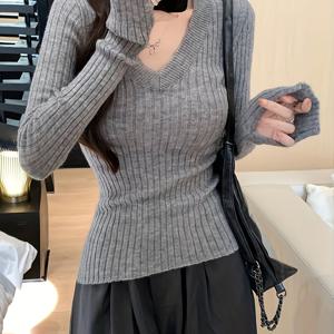 TEMU 여성용 한국 스타일 슬림핏 V넥 스웨터 코트 - 긴 소매 겨울 재킷, 허리 슬릿 & 밑단 슬릿, 단색 회색/검정 트렌치 코트, 사무실, 캐주얼 & 레이어링용 (손세탁 가능)|오피스룩