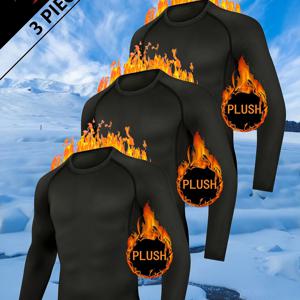TEMU 3개 남성용 기모 속옷 - 불꽃 디자인 긴팔 운동 셔츠, 두꺼운 타이트핏 운동 상의 (헬스, 러닝, 스키, 사이클링용) - 통기성 폴리에스터, 겨울 스포츠 베이스 레이어, 헬스복, 세련된 디자인, 중간 탄성|헬스복