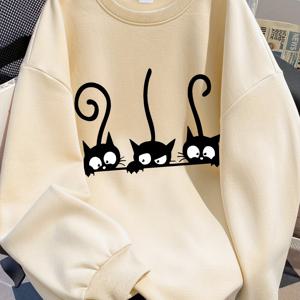TEMU 귀여운 고양이 프린트 스웨트셔츠 - 블랙 키튼 & 발바닥 프린트 칼라가 있는 오버사이즈 스웨터, 부드러운 라운드 넥 긴팔 풀오버, 학교, 캐주얼 웨어, 봄/가을 아웃핏 (세탁기 사용 가능) - 십대 여아 의류