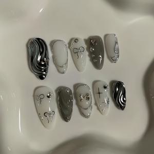 TEMU 10개 수제 네일 팁, 달콤하고 멋진 고급 디자인, 리본 텍스처 라인스톤 장식 - 화이트 및 실버 컬러 블로킹 - 아몬드 모양, 여성 및 여성 선물용으로 적합