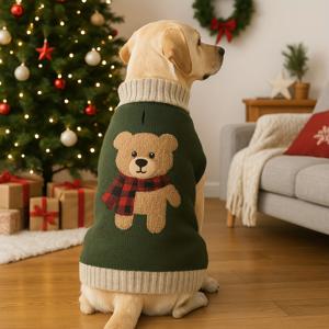 TEMU 코지 크리스마스 강아지 스웨터 - 디자인의 축제용 그린 풀오버 점퍼, 소형 및 중형견을 위한 따뜻한 아크릴 겨울 코트, 세탁기 사용 가능한 휴일 의류, 개 스웨터, 개 겨울복, 장난기 있는 애완동물 디자인, 부드러운 애완동물 옷|강아지옷