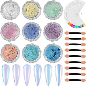 TEMU 9색 오로라 인어 메탈릭 미러 쉬머 글리터 먼지 젤 네일 아트 키트 (스펀지 브러쉬 9개, 네일 컬러 카드 50개 포함) - 생생한 파스텔 색상, 매니큐어 및 페디큐어 장식, 네일 아트 용품, 매니큐어 필수품, 인어 테마|젤네일