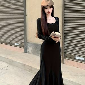 TEMU 여성용 우아한 블랙 포멀 & 데일리 맥시 드레스 - 긴소매 A라인 실루엣, 스퀘어 넥라인, 파티, 사무실, 캐주얼 의상에 어울리는 핏 - 올 시즌 시크 이브닝 가운, 파티 복장, 세련된 스타일, 고품질 스티칭, A라인 원피스, 원피스, 여름 원피스, 여성 원피스, 가을 원피스, 긴소매 원피스