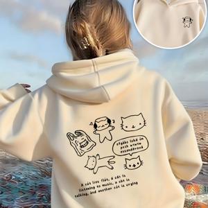 TEMU 귀여운 고양이 후드티 - 키튼 & 음표 프린트 오버사이즈 루즈핏 후드 스웨트셔츠, 베이지 & 화이트 카툰 키티 풀오버, 플레이데이트, 가을/봄 캐주얼 웨어 (세탁기 사용 가능) - 코지 스웨터