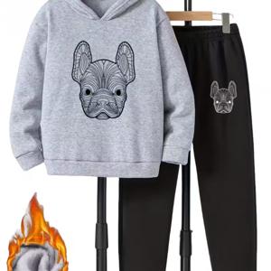 TEMU 2개 남아용 프렌치 불독 프린트 후드 스웨트셔츠 & 조거 세트 - 포근한 기모 안감 겨울 따뜻함, 신축성 있는 원단, 세탁기 사용 가능, 야외 활동용, 아웃도어 의류, 캐주얼 웨어, 트렌디한 의상, 튼튼한 소재, 조깅 바지, 아동용