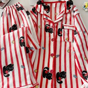 TEMU 여성용 포근한 플리스 파자마 세트 - 긴소매, 긴 바지, 빨간색 & , 포켓 포함, 가을/겨울에 적합, 캐주얼 홈웨어, 포근한 파자마, |재미있는 디자인| 포켓 바지, 여성용 파자마, 여성용 파자마 플러스 사이즈