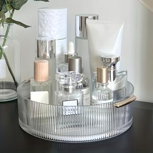 TEMU 대용량 회전형 메이크업 데스크탑 정리함 - 핸들 포함 화장품 보관함, 향수, 제품, 주방 양념 보관에 적합 - 광택 플라스틱 소재, 조립 불필요, 컴팩트 디자인, 내구성 플라스틱, 뷰티 애호가를 위한 제품, 제품 정리함,화장품 보관 솔루션,데스크탑 보관함,대용량 정리함, 스토리지,메이크업 애호가