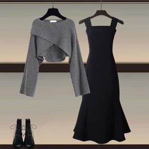 TEMU 2pcs 여성 가을신상 가슴꼬임 니트 가디건 머메이드 원피스 투피스 세트 빅사이즈 체형커버 코디 세트 LKS-10