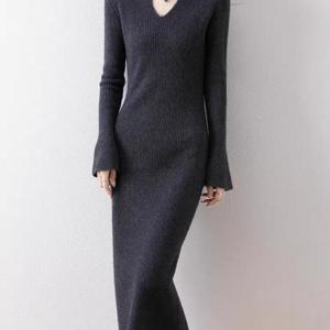 TEMU 가을 겨울 캐릭터 V넥 슬림 드레스 여성용 하의 스웨터 스커트 힙 커버 긴 스커트 0602526