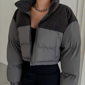 TEMU 여성용 풀지퍼 스탠드칼라 컬러블록 디자인 숏 자켓 - 두꺼운 소재, 대형 포켓 - 사계절 레이어링 캐주얼 아우터웨어 - 논스트레치