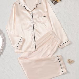 TEMU 여성용 고급 새틴 파자마 세트 - 부드러운 반팔 버튼업 탑 & 신축성 허리밴드 팬츠, 편안한 단색 잠옷, 칼라, 캐주얼|반팔