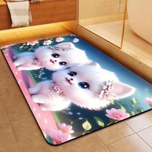 TEMU 아기 고양이 목욕 매트, 미끄럼 방지 흡수성 인조 가죽 및 고무 러그 패드, 꽃무늬 디자인의 손 세탁 가능한 입구 문 매트 - 소형 크기