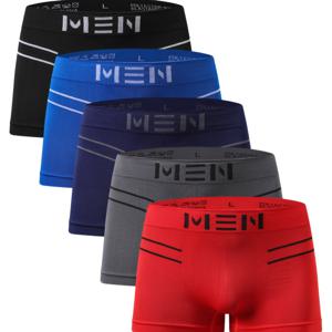 TEMU 남성용 심리스 박서 브리프 속옷 5pcs - 헤비듀티 스트레치 멀티컬러 (블랙/네이비/그레이/레드) M 라벨 디자인 - 로우라이즈 핏, 캐주얼 복장용 벌크 팩 - 비시스루 캐주얼 팬티
