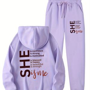 TEMU 편안한 플리스 안감 여성용 후드티 & 스웨트팬츠 세트, 레터링 프린트 - 세탁기 사용 가능, 포켓 디테일, 폴리에스테르