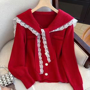 TEMU 새 봄 컬렉션 해군 칼라 레이스 패치워크 레드 니트 스웨터 자켓 새해