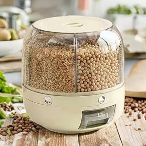 TEMU 1Ps 대용량 곡물 저장 용기, 회전 6개 구획 쌀 바구니, 쌀 분배기, 방습 및 방충 밀봉 병, 스낵, 곡물, 곡물, 밀가루, 소형 과자 및 애완 동물 식품 보관에 적합합니다.