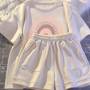 TEMU 2025년 신상 여름 캐주얼 크루 넥 반팔 폴리에스테르 100% 루즈핏 반바지 세트 어린이용, 야외용