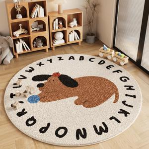 TEMU 고급 만화 개 및 알파벳 플러시 매트 - 라운드 벨벳 침실 매트, 기계 세탁 가능, 부드러운 폴리에스터, 850g/m², 파란색 넥타이가 있는 귀여운 개 디자인, 어린이를 위한 방이나 거실에 이상적인 개 장식