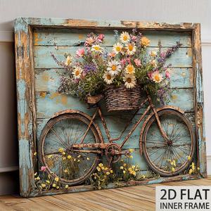 TEMU [2D 플랫] 빈티지 자전거 플로럴 캔버스 그림 1개 - 파란색 나무 프레임 벽걸이 예술, 꽃 바구니 포함, 12x16인치 소박한 홈 데코, 거실, 주방, 봄 테마 이벤트용 - 걸이용 랩핑된 캔버스 프린트, 2D 플랫, 방 꾸미기에 완벽