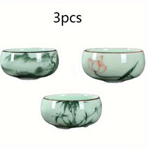 TEMU 3개 세트 건조 푸 청자 찻잔 세트, 수제 도자기 손그림 풍경으로 만든 연꽃 잉어 찻그릇 중국 호스트 샘플