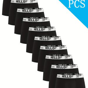 TEMU 10pcs 'Hello' 프린트 남성용 박서 브리프 - 높은 신축성, 빠른 건조 속도, 통기성이 좋은 편안함을 제공하는 스포츠 속옷, 일상적인 착용, 스포츠, 행사 및 결혼식용, 단색 디자인, 이벤트용 속옷, 대담한 프린트 속옷, 빠른 건조 속도 소재