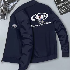 TEMU 남성용 아라이 레이싱 스페셜티 블랙 보머 재킷 - 포켓, 스탠드 칼라, 니트 소재, 폴리에스터, 가을/겨울 스트리트웨어, 캐주얼 스포츠 재킷|스타일리시한 보머 재킷|지퍼 재킷