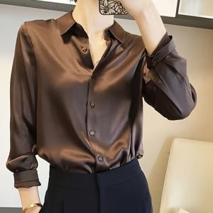 TEMU 여성용 헤비웨이트 사탕 블라우스 - 우아한 긴 소매 버튼업 셔츠, 골든톤 버튼, 가슴 포켓 및 클래식 칼라, 우아한 가을/겨울 여성용 상의, 사무실 또는 캐주얼 의상용, 우아한 패션, 우아한 디테일링